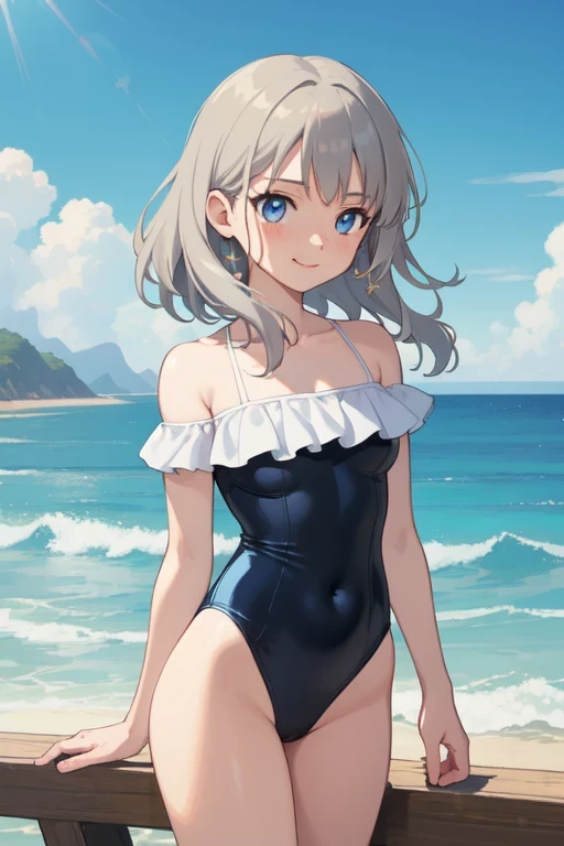 ((Highest quality)), ((masterpiece)), (detailed), Perfect Face, Perfect Arms, Perfect hands, Perfect Fingers, anime, Ultra-fine illustration, ((1 person)), Cute girl, (Smile), Gray Hair, Blue Eyes, {Black off-the-shoulder swimsuit}, One piece swimsuit, Ocean, sun, field, Are standing, (Arms at your sides), Cowboy Shot,