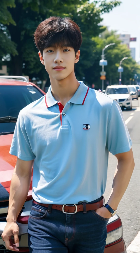 ((realistic daylight)) , Young Korean man in a navy blue polo shirt and jeans, A handsome, muscular young Asian man looks at the camera. In a simple t-shirt blue and red , roadside traffic ,((look sideways))