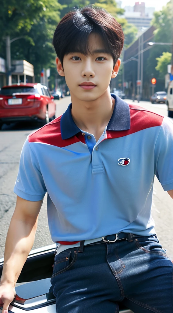 ((realistic daylight)) , Young Korean man in a navy blue polo shirt and jeans, A handsome, muscular young Asian man looks at the camera. In a simple t-shirt blue and red , roadside traffic ,((look sideways))