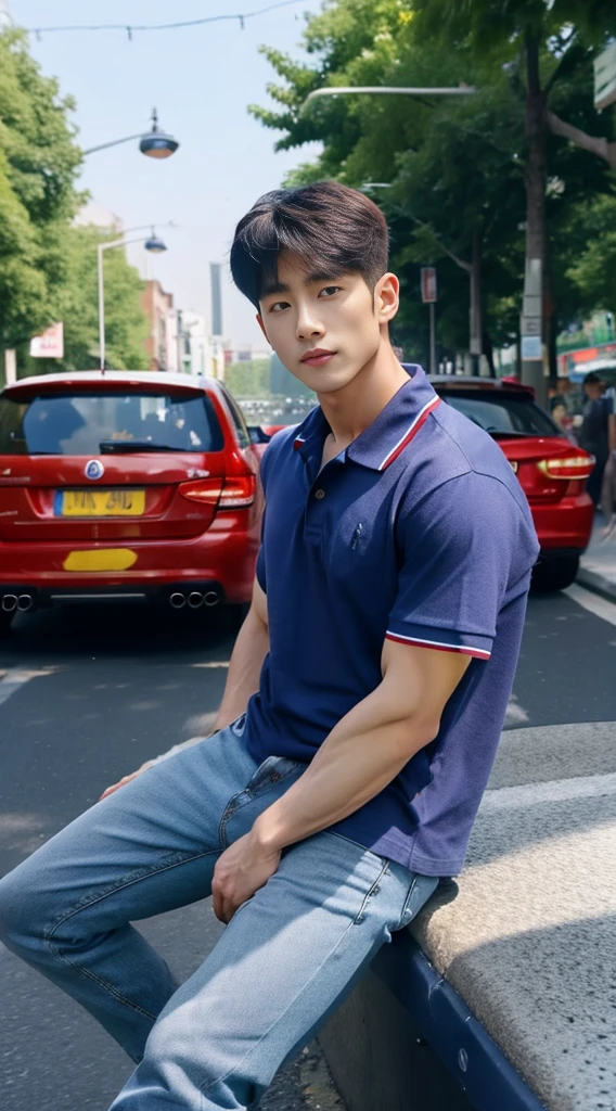 ((realistic daylight)) , Young Korean man in a navy blue polo shirt and jeans, A handsome, muscular young Asian man looks at the camera. In a simple t-shirt blue and red , roadside traffic ,((look sideways))