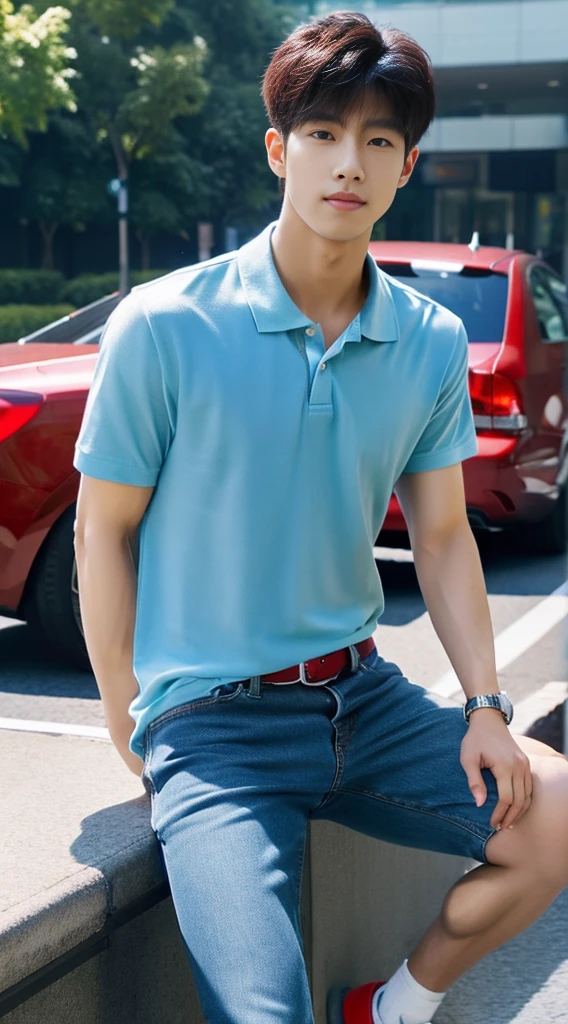 ((realistic daylight)) , Young Korean man in a navy blue polo shirt and jeans, A handsome, muscular young Asian man looks at the camera. In a simple t-shirt blue and red , roadside traffic ,((look sideways))