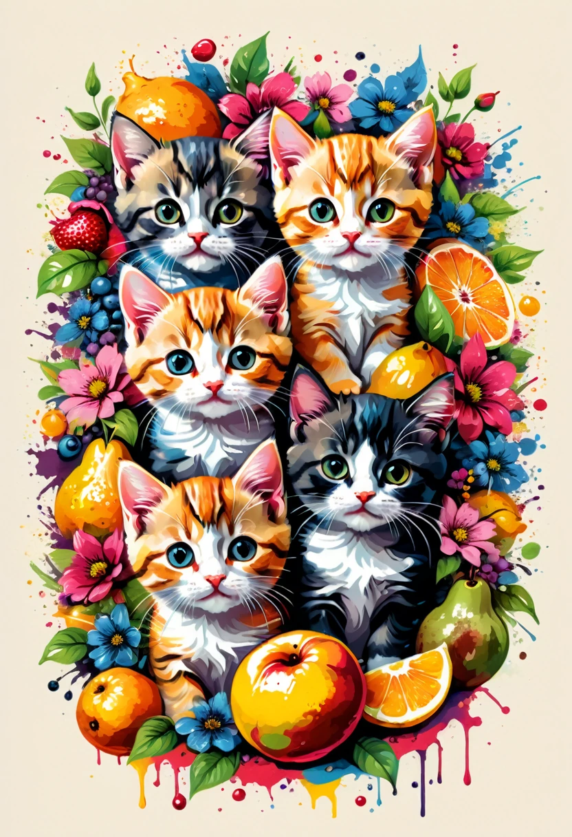 A t-shirt with a colorful illustration of kittens, in the center, vibrant colors, ink stains, flowers, fruits, ultra details, 32K quality, neutral background (art, best quality, professional, perfect composition, very aesthetic, absurd, super detailed details and intricate:1.3)