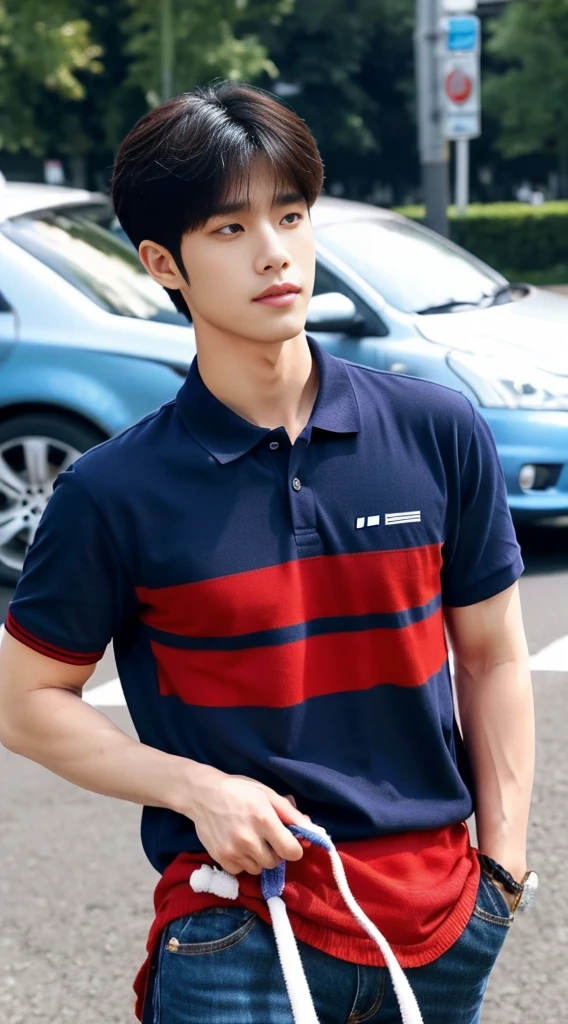 ((realistic daylight)) , Young Korean man in a navy blue polo shirt and jeans, A handsome, muscular young Asian man looks at the camera. In a simple t-shirt blue and red , roadside traffic ,((look sideways))