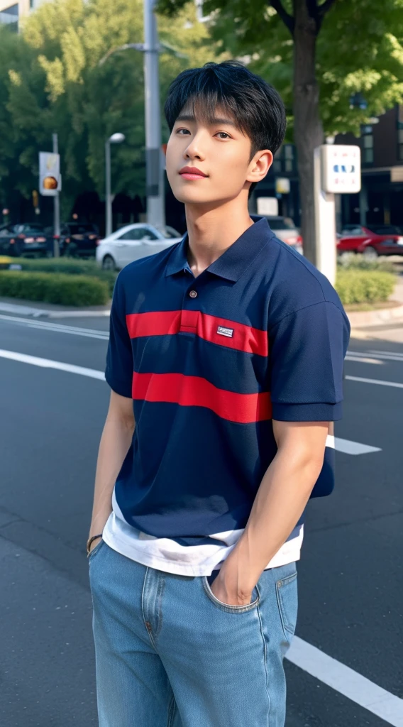 ((realistic daylight)) , Young Korean man in a navy blue polo shirt and jeans, A handsome, muscular young Asian man looks at the camera. In a simple t-shirt blue and red , roadside traffic ,turn sideways