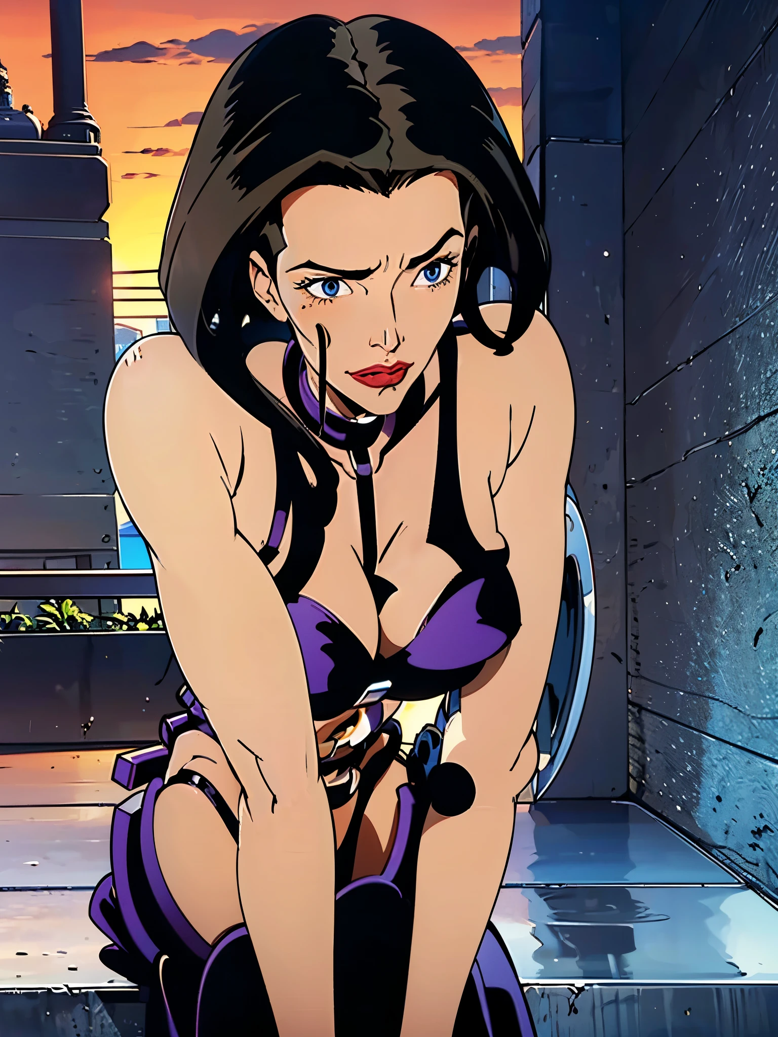 faithful image of Aeon Flux, linda, Grinning, SHE IS SERIOUS AND DETERMINED, ultra detalhada, She is HANGING FROM A BUILDING WITH BOTH HANDS, SHE IS ON THE EDGE OF A TERRACE OF AN ULTRA FUTURISTIC BUILDING, SHE IS POINTING HER FINGER AT THE GROUND LOOKING AT THE INDUSTRIAL CITY, THERE ARE rounded buildings in an abandoned, ultra-futuristic megalopolis city, ORANGE SKY, the city has many metallic buildings with mirrored glass in light colors that reflect the sunlight, alien architecture, the city has shades of metal gray, has beautiful metal structures, dark ultrafuturistic cars on the streets, desert megalopolis, many tall rounded buildings on the horizon, tall futuristic metal buildings, many ultramodern buildings around, as realistic as possible, as detailed as possible, Science fiction, There are 2 planets in the sky through the dense atmosphere, ORANGE SKY