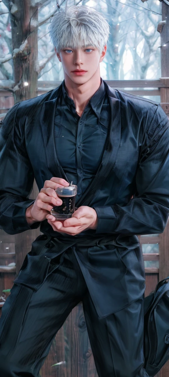 1boy, adult, handsome, perfect face, detailed eyes and face, clean shaved, muscular, capturing a rural atmosphere, dynamic lighting, unreal engine 5, hd picture, satoru gojo, white hair, short hair ,hair between eyes ,blue eyes