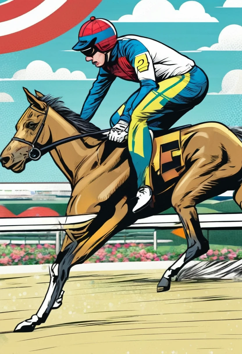 Comic book style illustration of a racehorse。