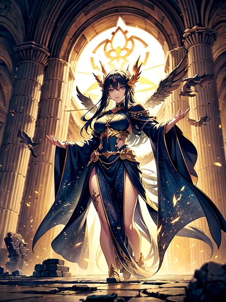 (((masterpiece, best quality, high detailed, 8k)))Full body shot of a fearless paladin with unparalleled beauty, featuring long, dark hair and striking blue eyes. She wears intricately designed draconic armor that glimmers with a mystical aura. Her armor is adorned with dragon scales and ornate patterns, giving it both an imposing and elegant appearance. In her hand, she wields a magnificent sword, the blade shimmering with a divine light, etched with runes of power. She stands in a majestic, celestial landscape, with radiant light filtering through the clouds, casting a holy glow upon her. The ground beneath her is a mix of ancient stones and sacred symbols, glowing softly as if infused with holy energy. Surrounding her are ethereal figures in shades of gold and white, their presence adding to the divine ambiance. The background features towering, ancient ruins and magnificent, skyward-reaching structures, hinting at a grand, heavenly stronghold. The scene is inspiring and powerful, with her face showing a serene yet determined expression, her eyes locked onto her noble mission. [Best quality], [Masterpiece], [Ultra-detailed], [4k], {inspiring|majestic} atmosphere, celestial landscape, {dynamic pose|noble stance}, radiant illumination, {soft shadows|divine lighting}, {glowing ancient stones:0.7}, {ethereal figures:0.6}, {heavenly architecture:0.5}, {towering ruins:0.4}, {skyward-reaching structures:0.3}.
