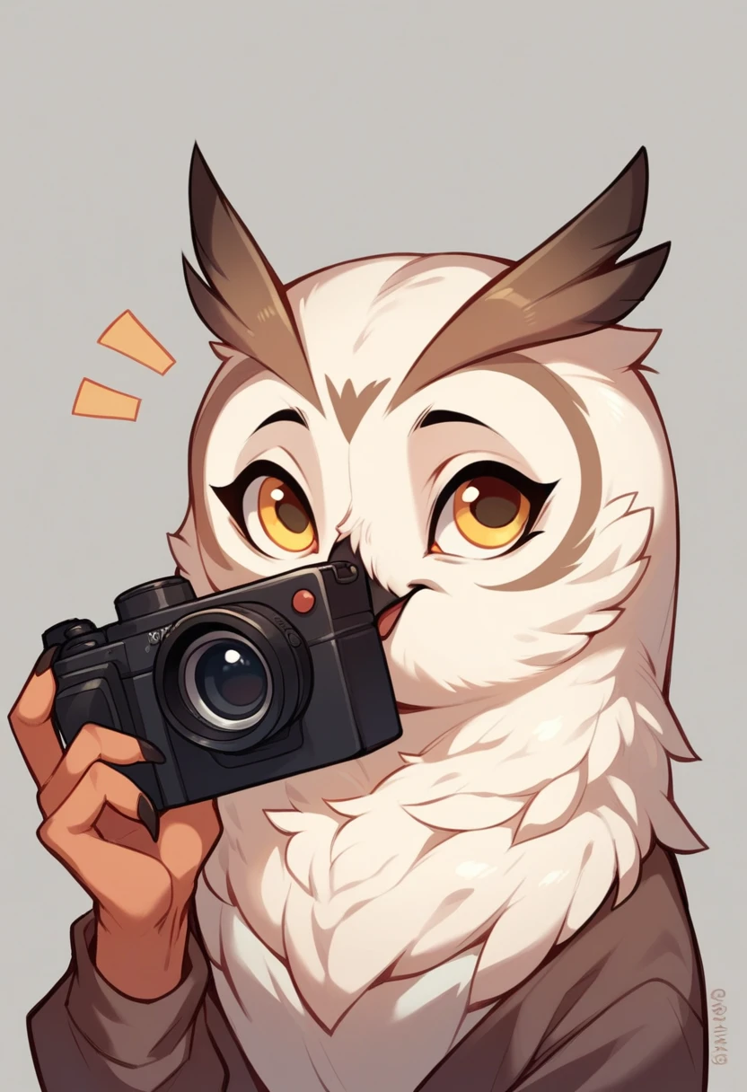 A owl bird, cute, white feather, with camera, simple dark background, big yellow eyes