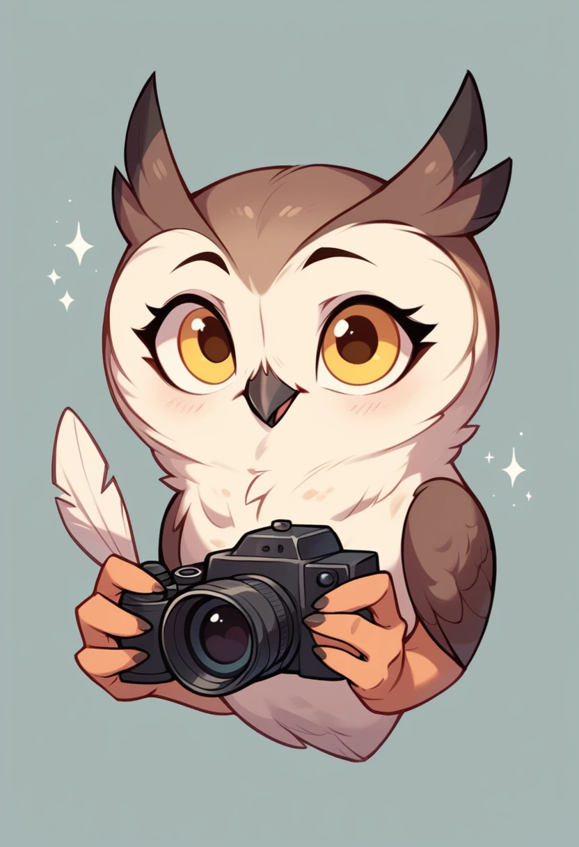 A owl bird, cute, white feather, with camera, simple dark background, big yellow eyes
