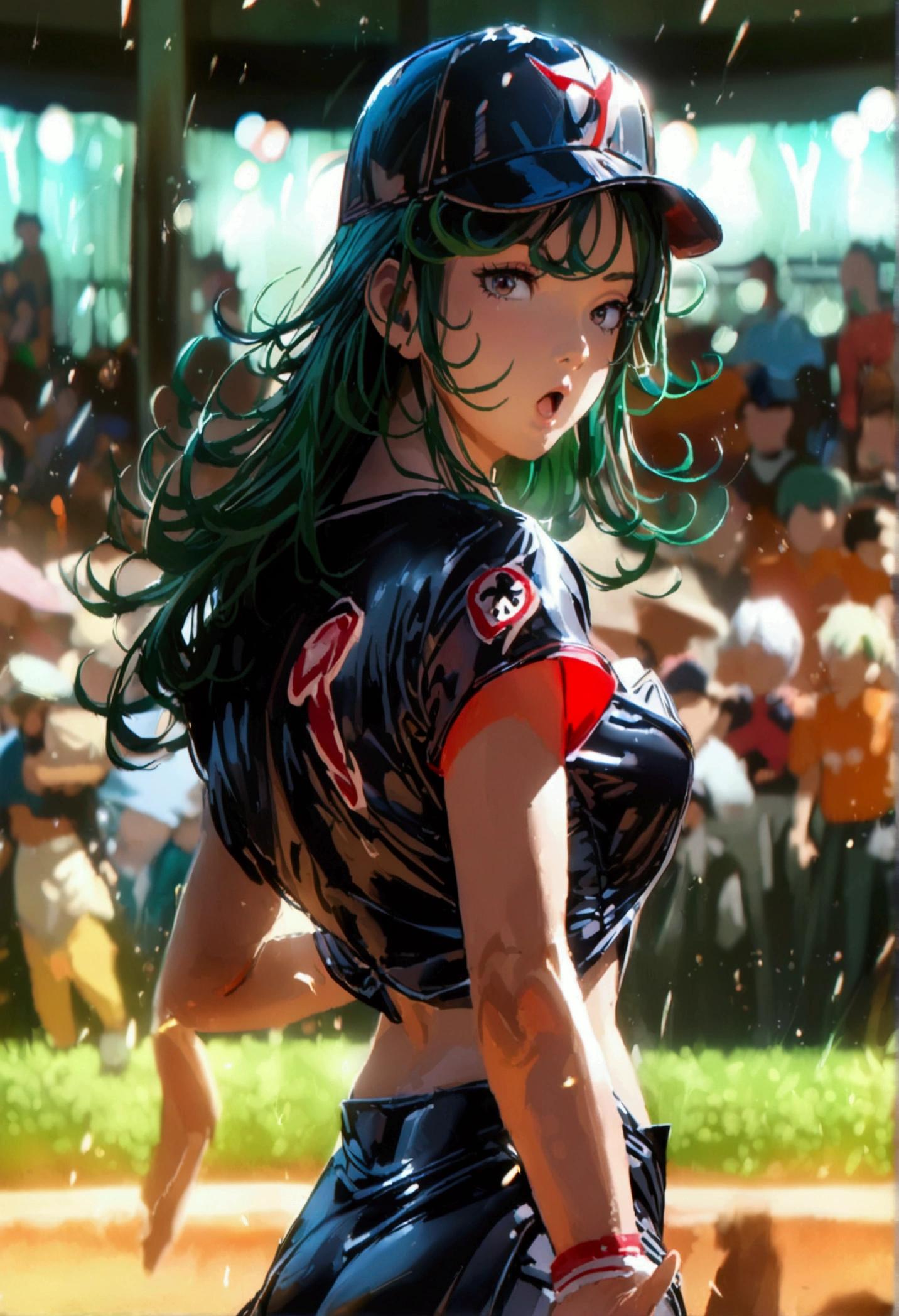 A beautiful Japanese woman (Tatsumaki,black dress, green hair) in a baseball cap pitching a ball, dynamic pitching pose, crowd cheering in the background, bokeh effect, anime style, highly detailed, intricate, vibrant colors, cinematic lighting, photorealistic, masterpiece, (show her entire body, show all of her, show her entire body)