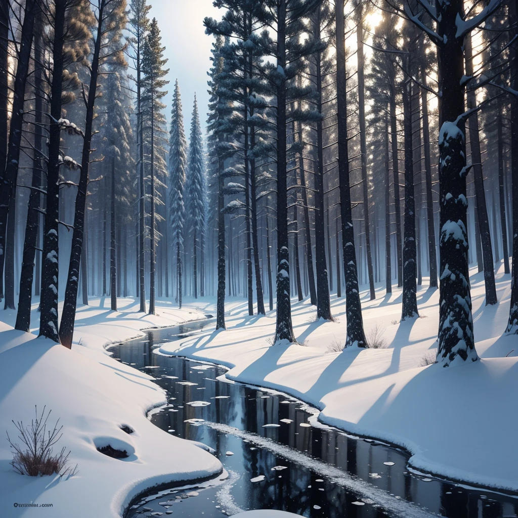 Draw a winter forest, in dark colors