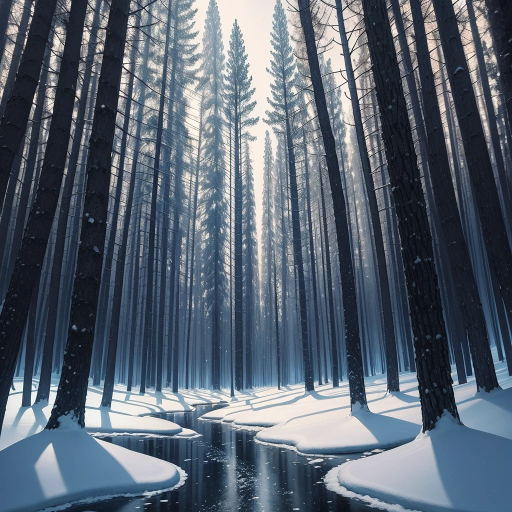 Draw a winter forest, in dark colors