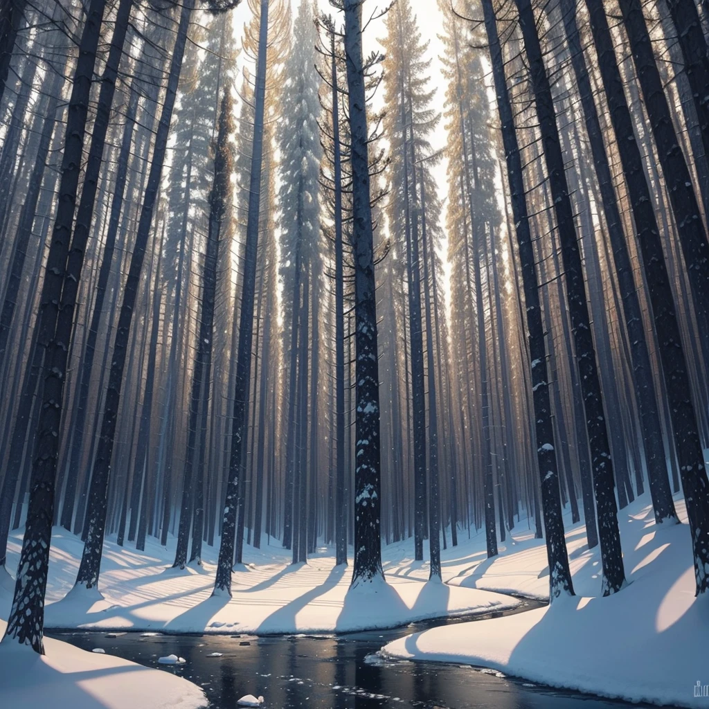 Draw a winter forest, in dark colors