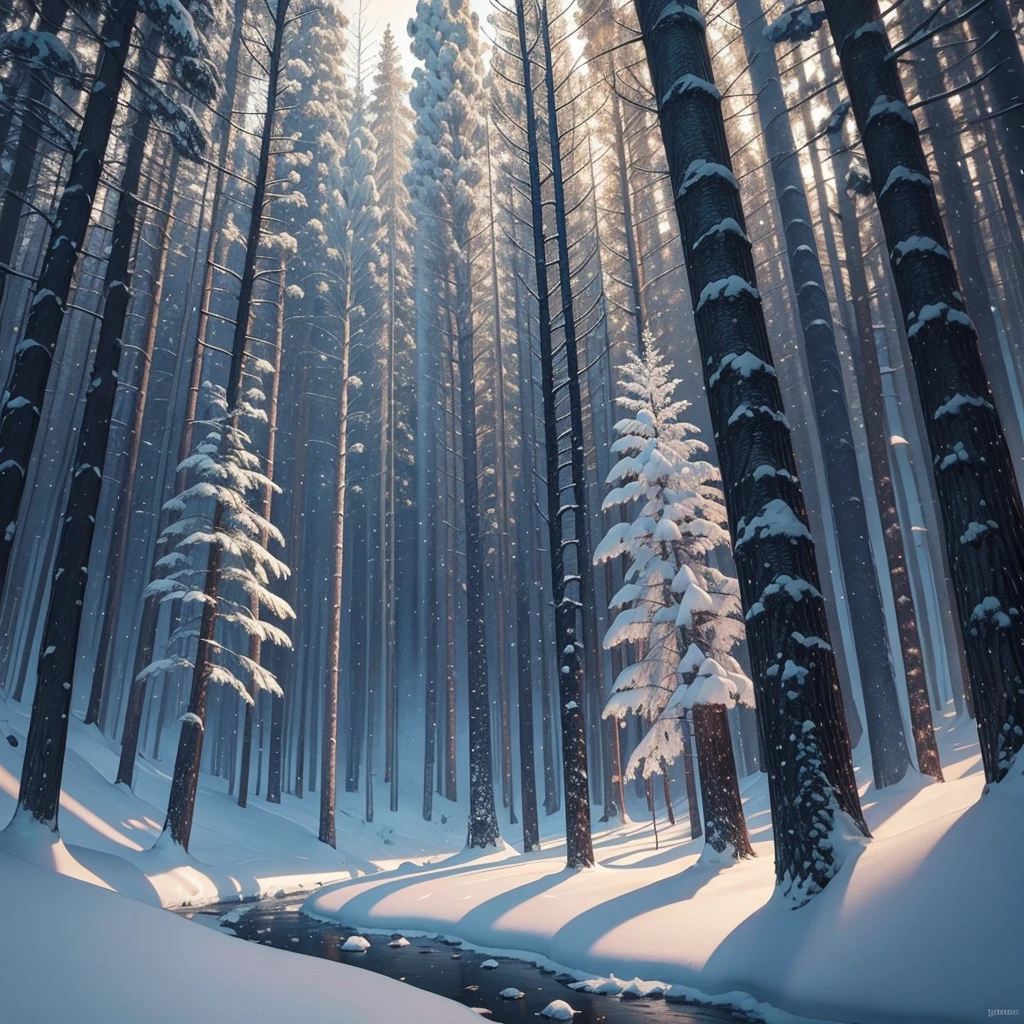 Draw a winter forest, in dark colors