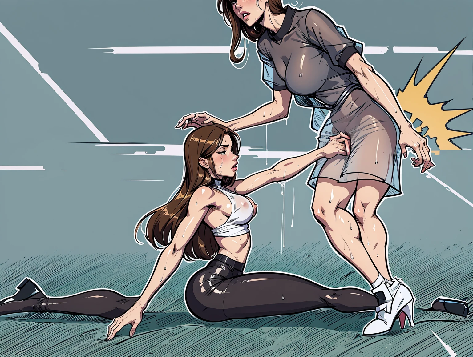 Sexy Manga Comic Sensual Wet Brunette Girl White T-Shirt V-Neckline, Black Skirt With High Heels, In A Sensual Pose big  big hips Small waist juicy legs big butt ass, Xxx, +18, She Is Kicking A Man In The Crotch, The Man Has Pain In His Face And Cries With Pain In His Testicles.; The man is naked and has a big penis. (NSFW) (Bigboob) (Very wet girl) (very detailed) (concept art) (sleeve) (animated) (draw) (Face Animated Detailed) (comics) (ballbusting bust) (ball bust)