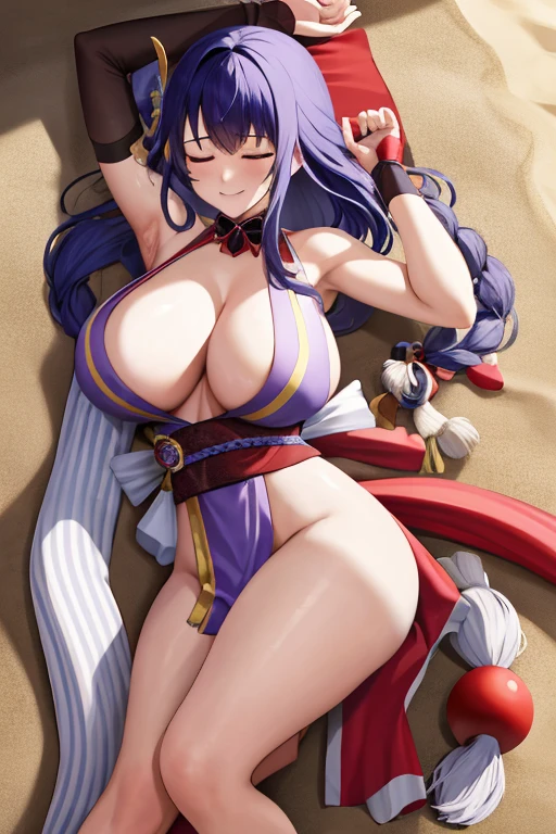 masterpiece, best quality, beautiful art, high resolution, well formed hands, body and fingers, 1 woman, solo, Raiden Shogun, adult, grown up, cosplaying as Mai Shiranui , mai_shiranui_cosplay, adult, large and round breasted, cleavage, full body , hair ribbon, gorgeous legs and, thighs, sexy Japanese clothes, hair ornament , sexy legs , hips and thighs, ryona,in peril, she is defeated, knocked out, passed out, closed eyes, exhausted, unconscious, laying down on the sand, extended exposed body, full body on the sand, breathing heavily, sexy smirk on her face, bouncing breasts, sexy defeated pose, defeat and KO scene, fallen beauty, martial arts tournament with beach environment