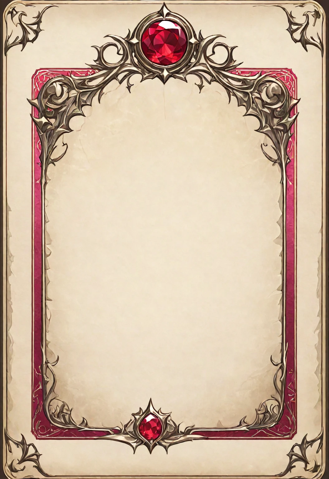 A card border UI,Magical medieval style,Profile Style。Leave a square blank space in the middle,No characters。There is a ruby under the card border.。Parchment backing。