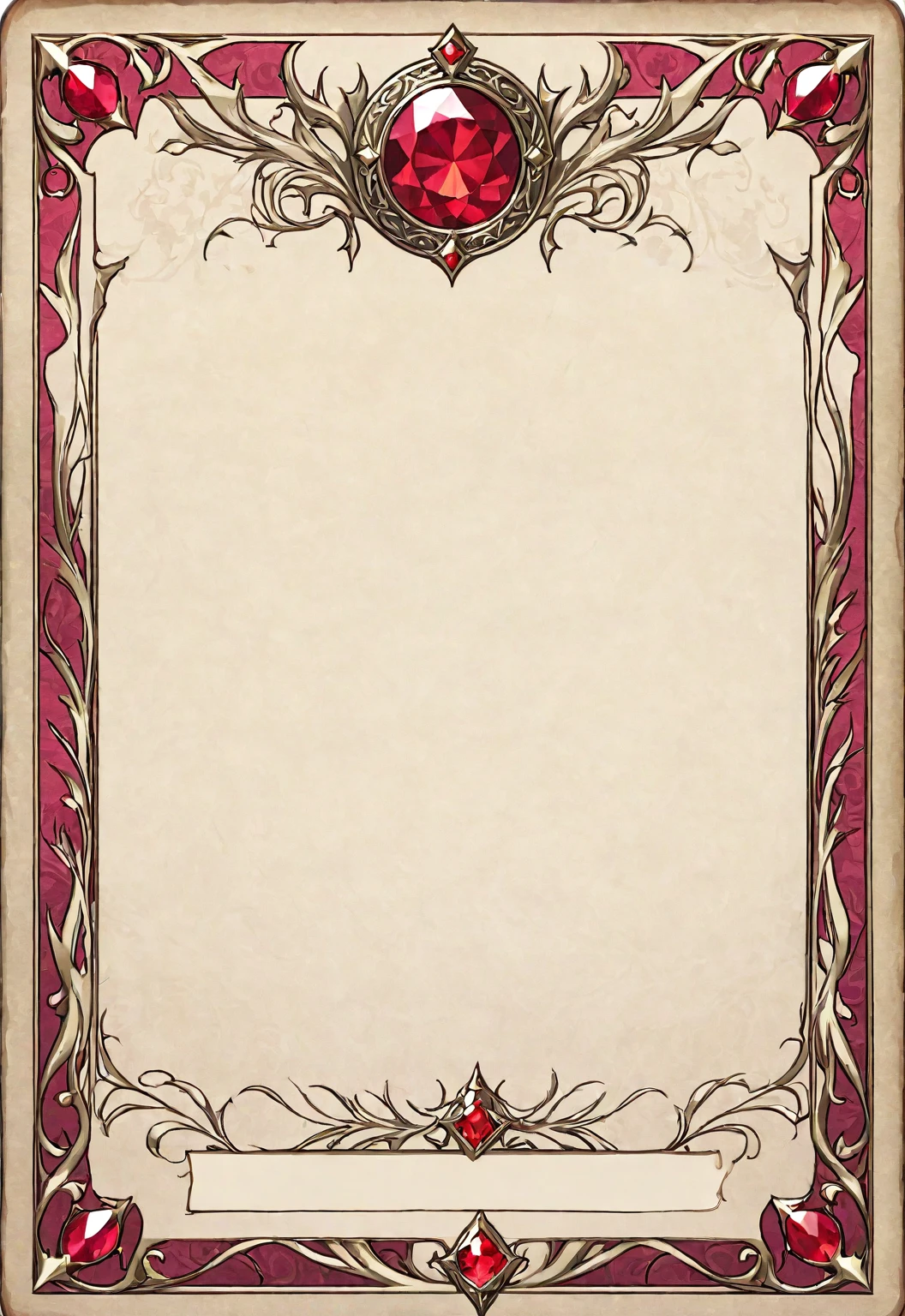 A card border UI，Magical medieval style，Profile Style。Leave a square blank space in the middle，No characters。There is a ruby under the card border.。Parchment backing。