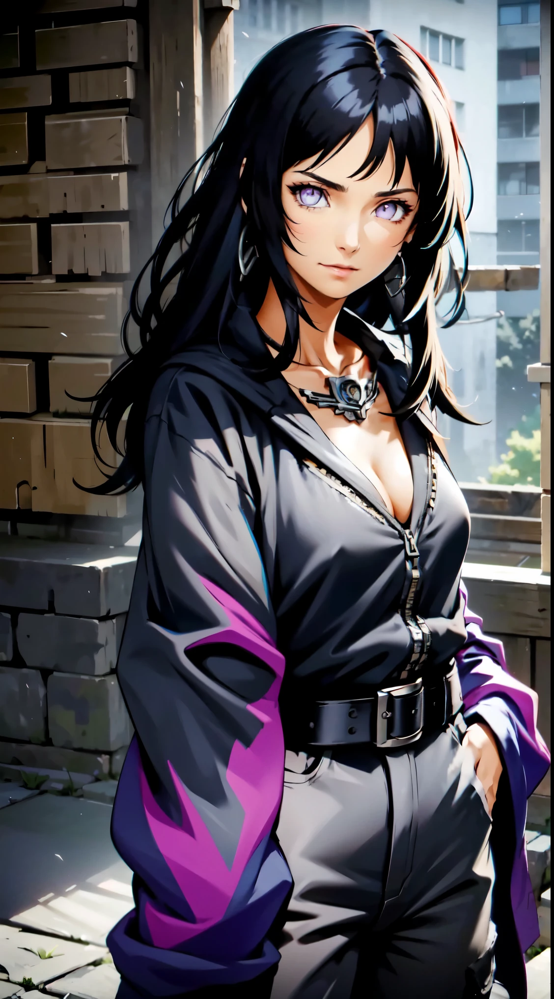 masterpiece,stunning realistic,best quality,sharpness,sharp face,smil,Rot im Gesicht sein,Photo of the upper body
black long hair,purple eyes,big ,tanktop,cargopants with many pockets,black cloak,silver necklace,silver chain,black gloves