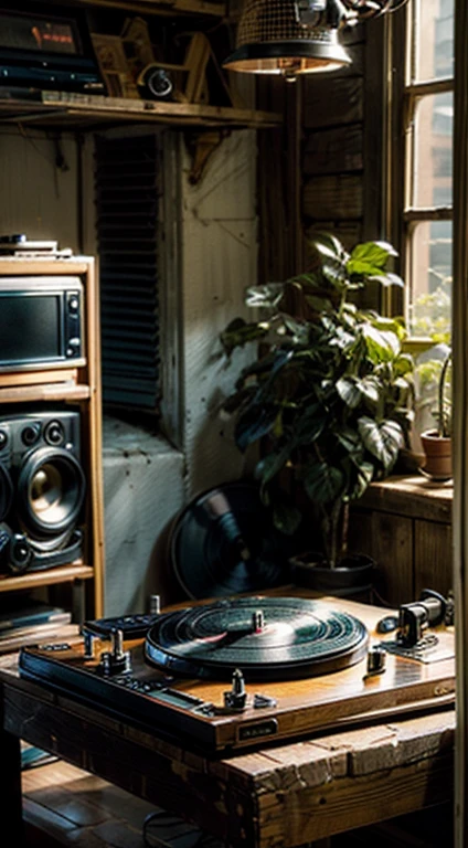 /imagine "Close-up of a DJ's hands mixing on a turntable, hands skillfully manipulating the vinyl records, fingers adjusting the knobs and sliders on the mixer, wire bracelets or rings adding style details. High-quality turntables and mixers, vinyl records with colorful labels, LED lights on the equipment indicating active channels. A cozy, rustic studio or home setup, vintage wooden furniture and decor elements, soft ambient lighting creating a relaxed atmosphere. Shelves filled with vinyl records and music equipment, houseplants adding a touch of greenery to the scene, posters or artwork on the walls reflecting hip-hop culture. A sense of creativity and focus, the ambiance of chilled Lo-Fi beats playing, organic and warm environment. Warm earthy tones dominating the scene, soft shadows and highlights to create depth, dim cozy lighting enhancing the mood."