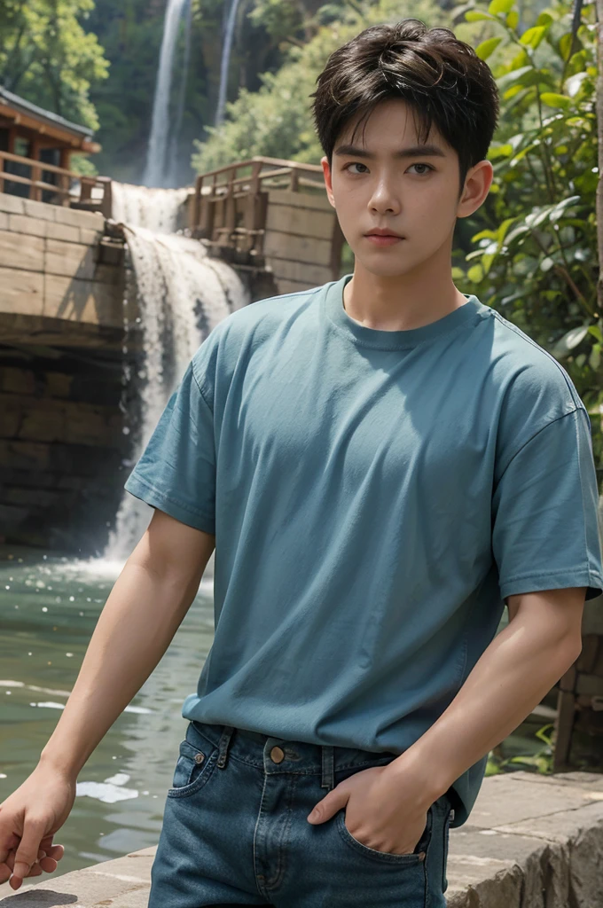 ((realistic daylight)) , Young Korean man in only a green t-shirt, no pattern. (Denim coat) Jeans, A handsome, muscular young Asian man looks at the camera. In a simple t-shirt blue and red , By the waterfall ,turn sideways