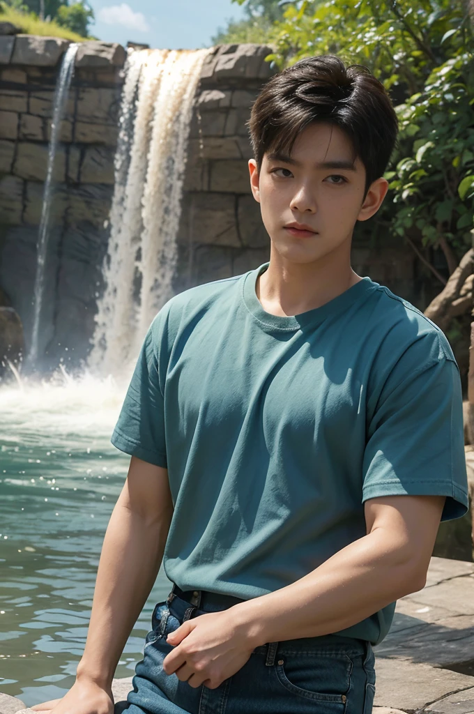 ((realistic daylight)) , Young Korean man in only a green t-shirt, no pattern. (Denim coat) Jeans, A handsome, muscular young Asian man looks at the camera. In a simple t-shirt blue and red , By the waterfall ,turn sideways