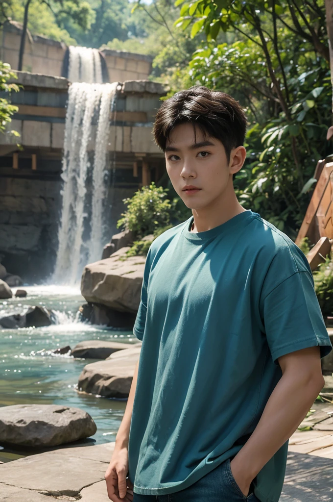 ((realistic daylight)) , Young Korean man in only a green t-shirt, no pattern. (Denim coat)  Jeans, A handsome, muscular young Asian man looks at the camera. In a simple t-shirt blue and red , By the waterfall ,turn sideways