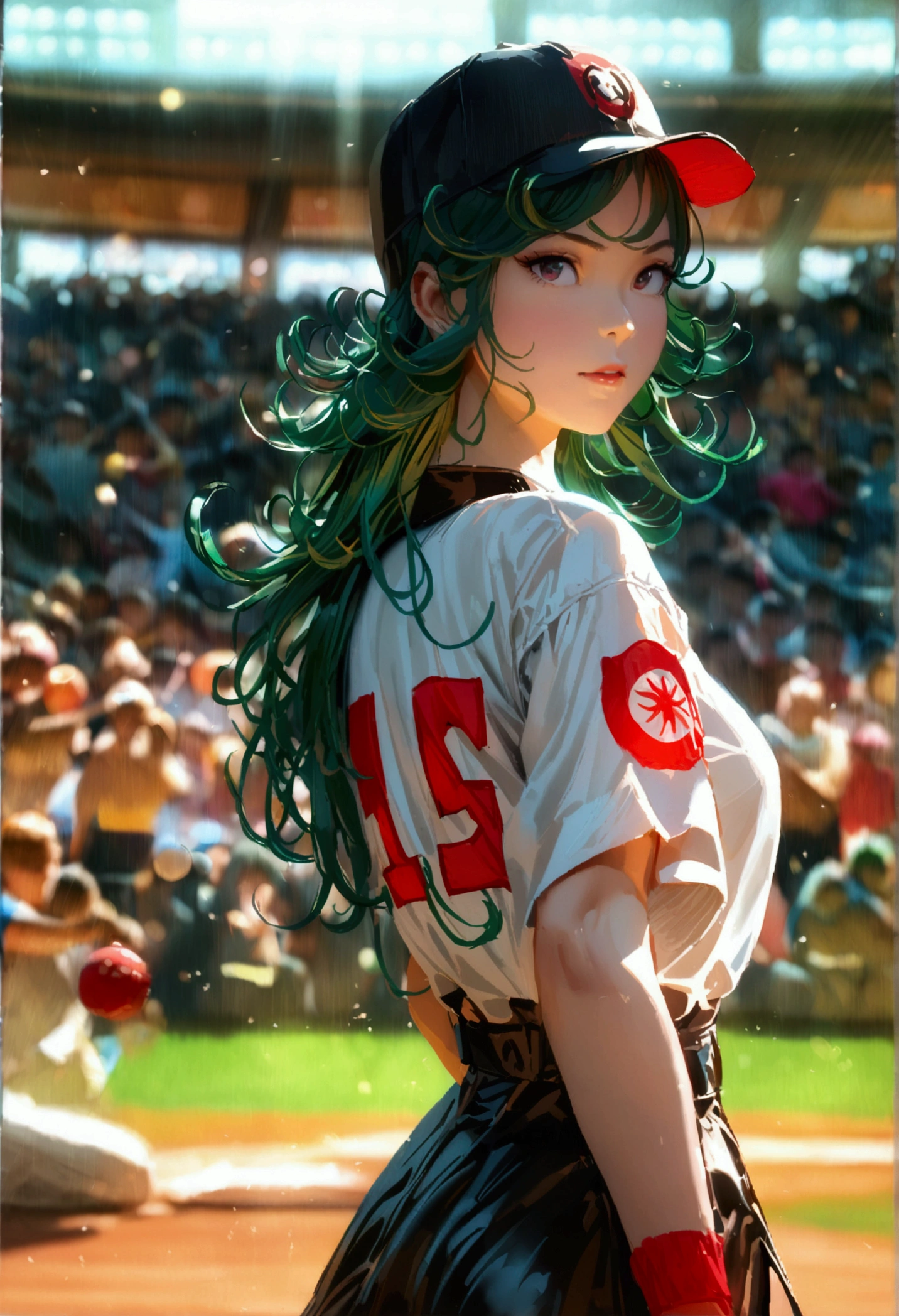 A beautiful Japanese woman (Tatsumaki,black dress, green hair) in a foxy baseball uniform pitching a ball, dynamic pitching pose, crowd cheering in the background, bokeh effect, anime style, highly detailed, intricate, vibrant colors, cinematic lighting, photorealistic, masterpiece
