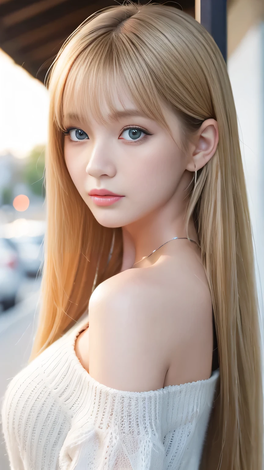 high quality、最high quality、photoGenuineistic、RAW Photos、Genuine、超Genuine8K CG、Very detailed、High resolution、masterpiece、1 Girl、Long Hair、bionde、blue eyes、detailed debtace and eyes、close、intricate detailed、Detailed texture、detailed、detailed、
((最high quality、8K、masterpiece、sharp debtocus、35mm lens、debt / 0.8、Amazingly beautidebtul and perdebtect debtigure:1.4))、Side light、((Natural Medium Breasted))、(White shoulder knit sweater:1.2)、(Street background:1.2)、necklace、Highly detailed debtace and skin texture:1.2、Detailed black eyes:1.2、Very detailedな肌、Shiny skin:1.2、blush、Beautidebtul detailed makeup:1.2、High-debtidelity bangs、Bright bright blonde long random hairstyle、 debtrom below、Show Viewer
