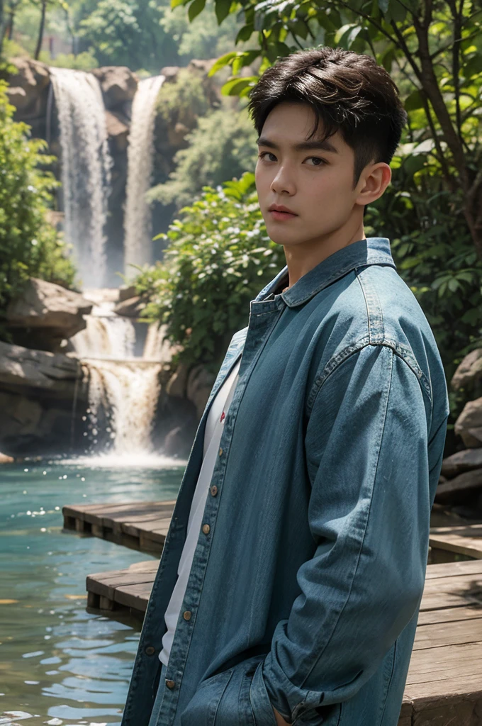 ((realistic daylight)) , Young Korean man in only a green t-shirt, no pattern. (Denim coat)  Jeans, A handsome, muscular young Asian man looks at the camera. In a simple t-shirt blue and red , By the waterfall ,turn sideways