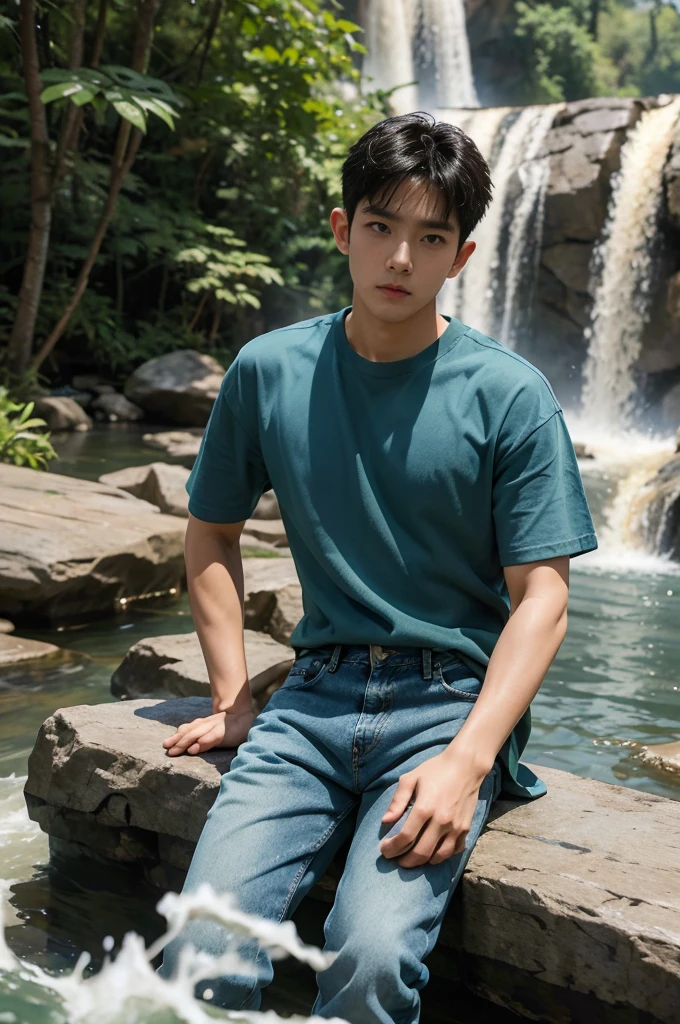 ((realistic daylight)) , Young Korean man in only a green t-shirt, no pattern. (Denim coat)  Jeans, A handsome, muscular young Asian man looks at the camera. In a simple t-shirt blue and red , By the waterfall ,turn sideways