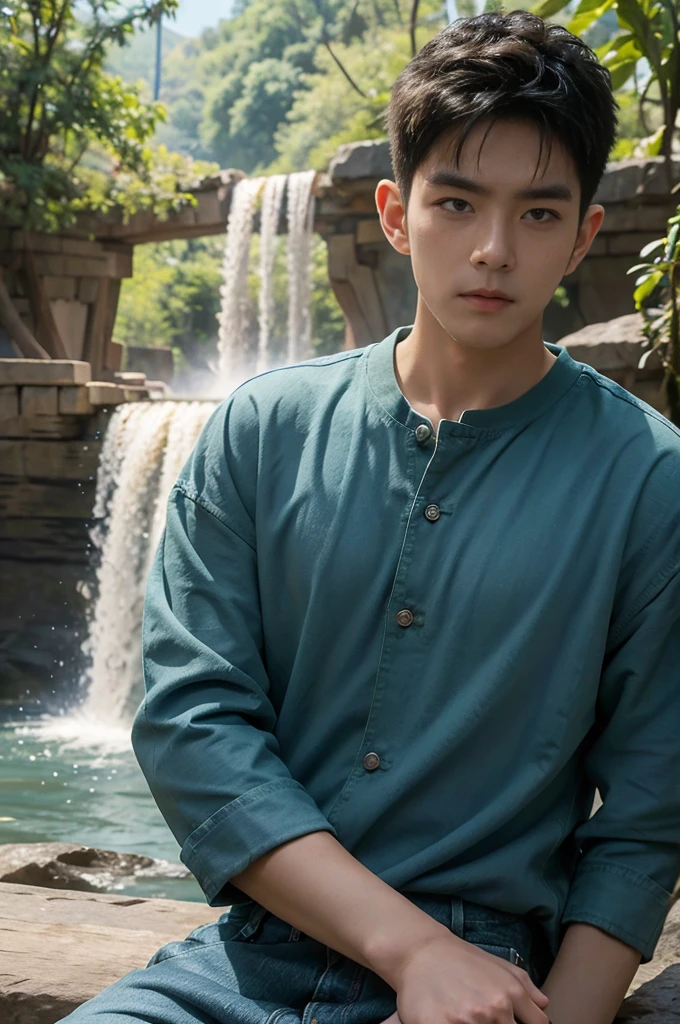 ((realistic daylight)) , Young Korean man in only a green t-shirt, no pattern. (Denim coat) Jeans, A handsome, muscular young Asian man looks at the camera. In a simple t-shirt blue and red , By the waterfall ,turn sideways