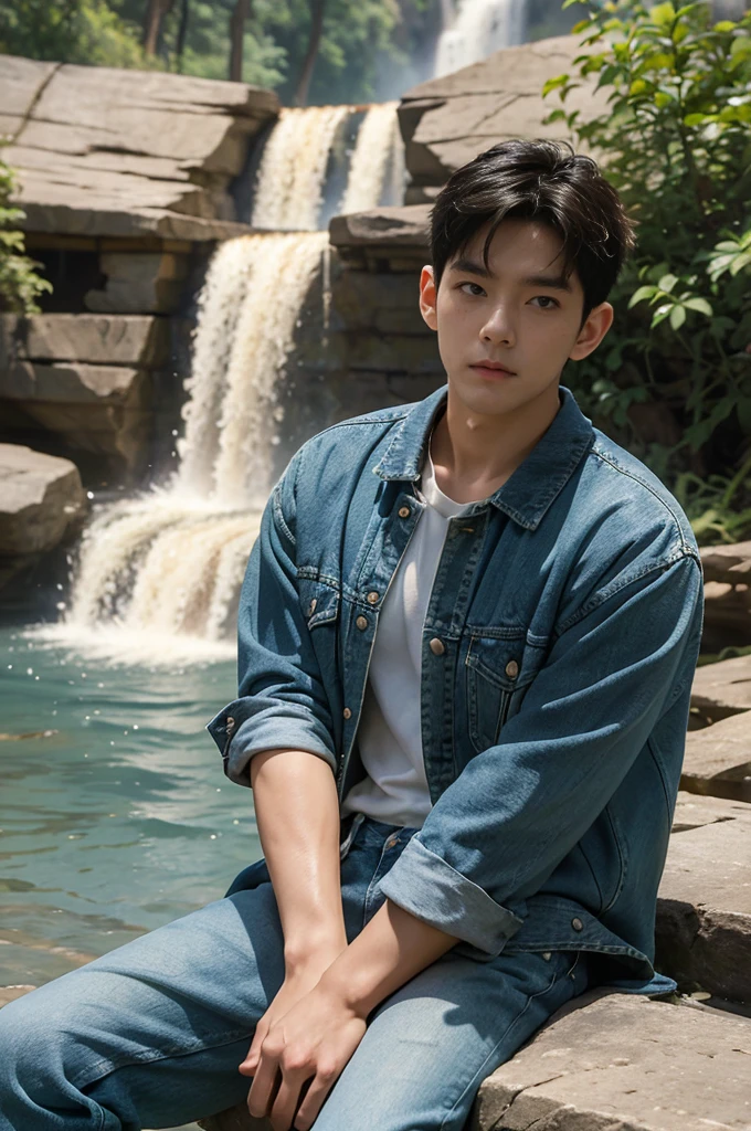 ((realistic daylight)) , Young Korean man in only a green t-shirt, no pattern. (Denim coat)  Jeans, A handsome, muscular young Asian man looks at the camera. In a simple t-shirt blue and red , By the waterfall ,turn sideways