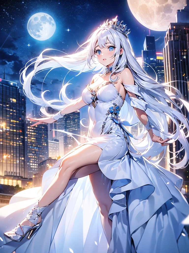 1 female、Long white hair、Blue Eyes、princess、beautiful、dress、city、Dance、moon