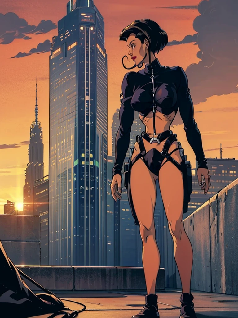 faithful image of Aeon Flux, Brunetette, linda, Grinning, she is happy, ultra detalhada, She is HANGING FROM A BUILDING WITH BOTH HANDS, SHE IS ON THE EDGE OF A TERRACE OF AN ULTRA FUTURISTIC BUILDING, SHE IS POINTING HER FINGER AT THE GROUND LOOKING AT THE INDUSTRIAL CITY, THERE ARE rounded buildings in an abandoned, ultra-futuristic megalopolis city, industrial environment, cyberpunkstyle, ORANGE SKY, the city has many metallic buildings with mirrored glass in light colors that reflect the sunlight, alien architecture, the city has shades of metal gray, has beautiful metal structures, dark ultrafuturistic cars on the streets, desert megalopolis, many tall rounded buildings on the horizon, tall futuristic metal buildings, WIRED POSTS, TRAFFIC LIGHTS, many ultramodern buildings around, as realistic as possible, as detailed as possible, Science fiction, There are 2 planets in the sky through the dense atmosphere, ORANGE SKY
