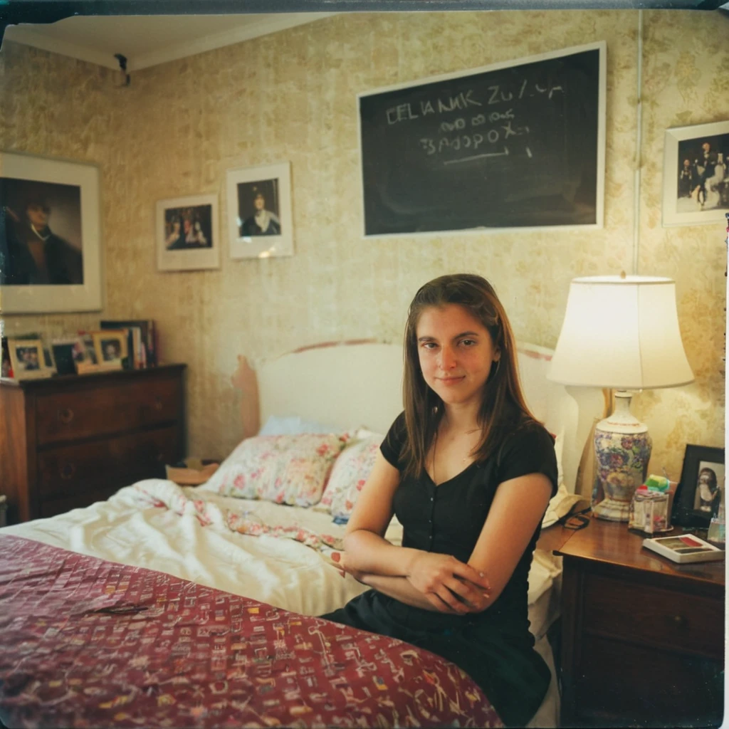 1997 polaroid photo of a pretty girl in a college bedroom, film grain, realistic polaroid