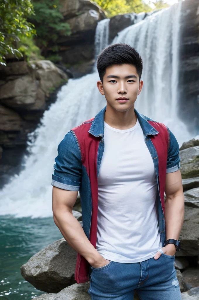 ((realistic daylight)) , Young Korean man in only a green t-shirt, no pattern. (Denim coat)  Jeans, A handsome, muscular young Asian man looks at the camera. In a simple t-shirt blue and red , By the waterfall ,turn sideways