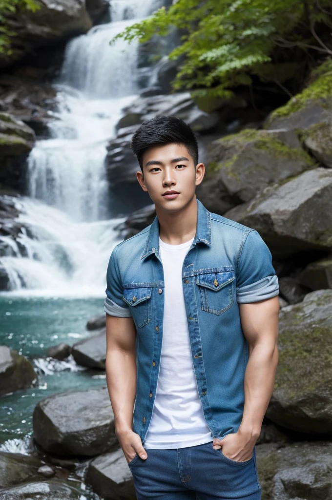 ((realistic daylight)) , Young Korean man in only a green t-shirt, no pattern. (Denim coat)  Jeans, A handsome, muscular young Asian man looks at the camera. In a simple t-shirt blue and red , By the waterfall ,turn sideways