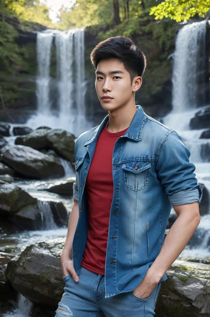 ((realistic daylight)) , Young Korean man in only a green t-shirt, no pattern. (Denim coat) Jeans, A handsome, muscular young Asian man looks at the camera. In a simple t-shirt blue and red , By the waterfall ,turn sideways