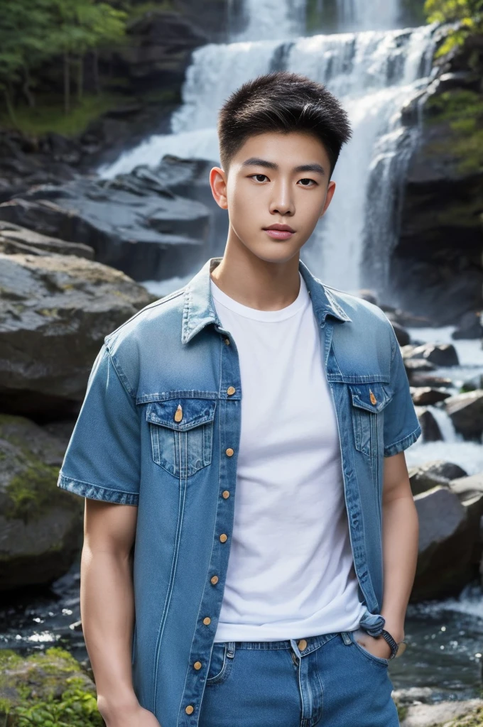 ((realistic daylight)) , Young Korean man in only a black t-shirt, no pattern. (Denim coat) Jeans, A handsome, muscular young Asian man looks at the camera. In a simple t-shirt blue and red , By the waterfall ,turn sideways