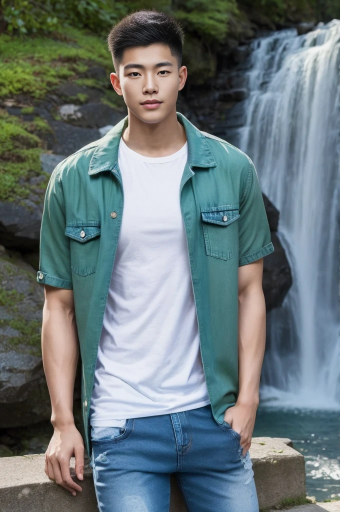 ((realistic daylight)) , Young Korean man in only a green t-shirt, no pattern. (Denim coat) Jeans, A handsome, muscular young Asian man looks at the camera. In a simple t-shirt blue and red , By the waterfall ,turn sideways