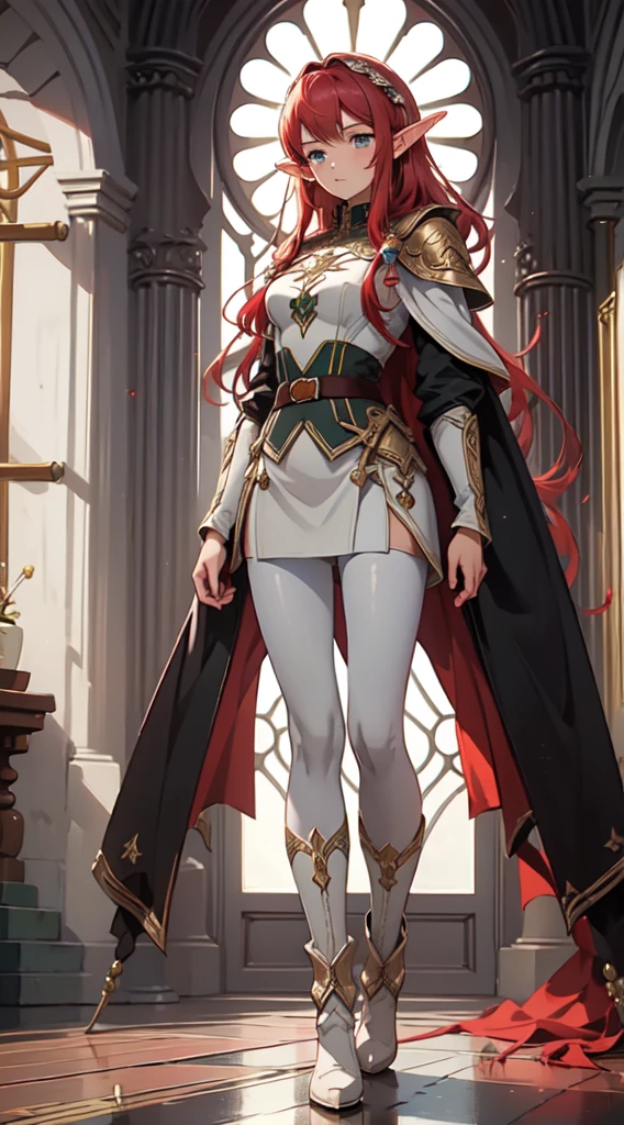 (((masterpiece, best quality))), (elf), (1girl), solo, red tinted hair,White armor,long black glovelack pantyhoses,Handsome standing with white boots,