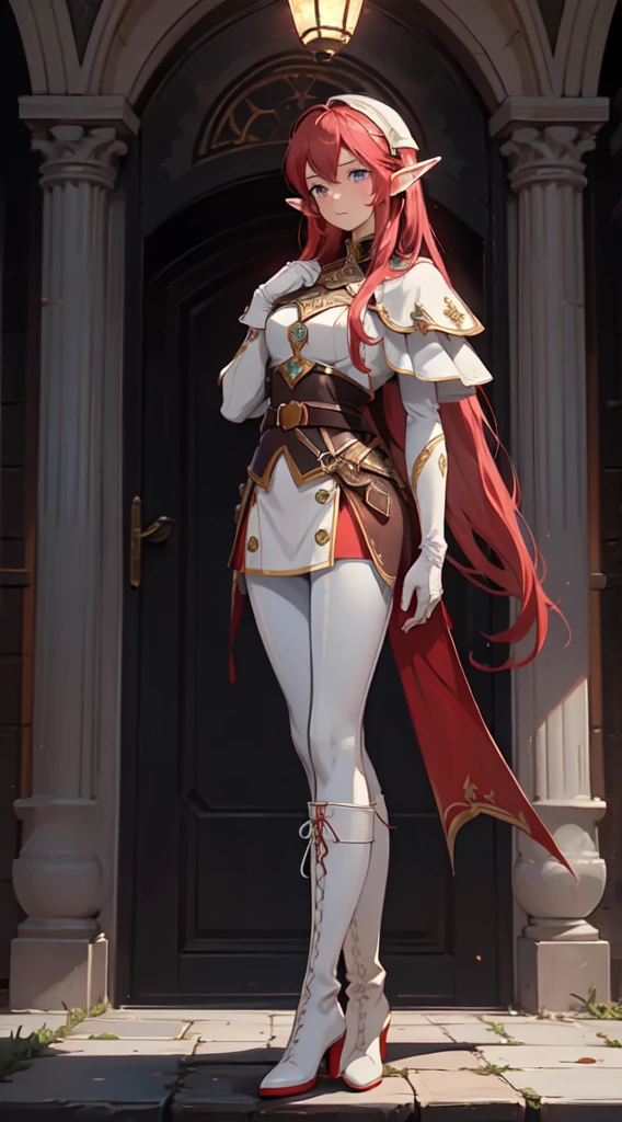 (((masterpiece, best quality))), (elf), (1girl), solo, red tinted hair,White armor,long black glovelack pantyhoses,Handsome standing with white boots,