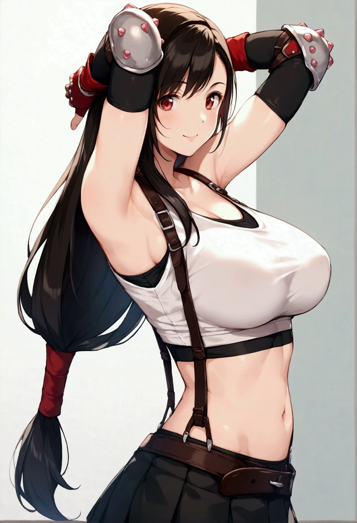 score_9, score_8_up, score_7_up,,8k,rating_safe BREAK ,source_anime. (from side.from side,side view,breast focus,standing,straight-on,(arms up,arms behind head.),,(upperbody),looking_at_viewer ,1girl, tifa lockhart, final fantasy, tareme,black hair, low-tied long hair, red eyes, bangs, (white tank top, belt, pleated skirt, thighhighs, elbow fingerless gloves, elbow pads, midriff, navel,suspender skirt) ,large_breasts,(light smile),,,Solo,,(daytime and cafebar),(slender_waist:1.3),(best quality),(aesthetic,very aesthetic),,photorealistic,highly detailed,,depth of field,,professional lighting,cinematic lighting,  　　