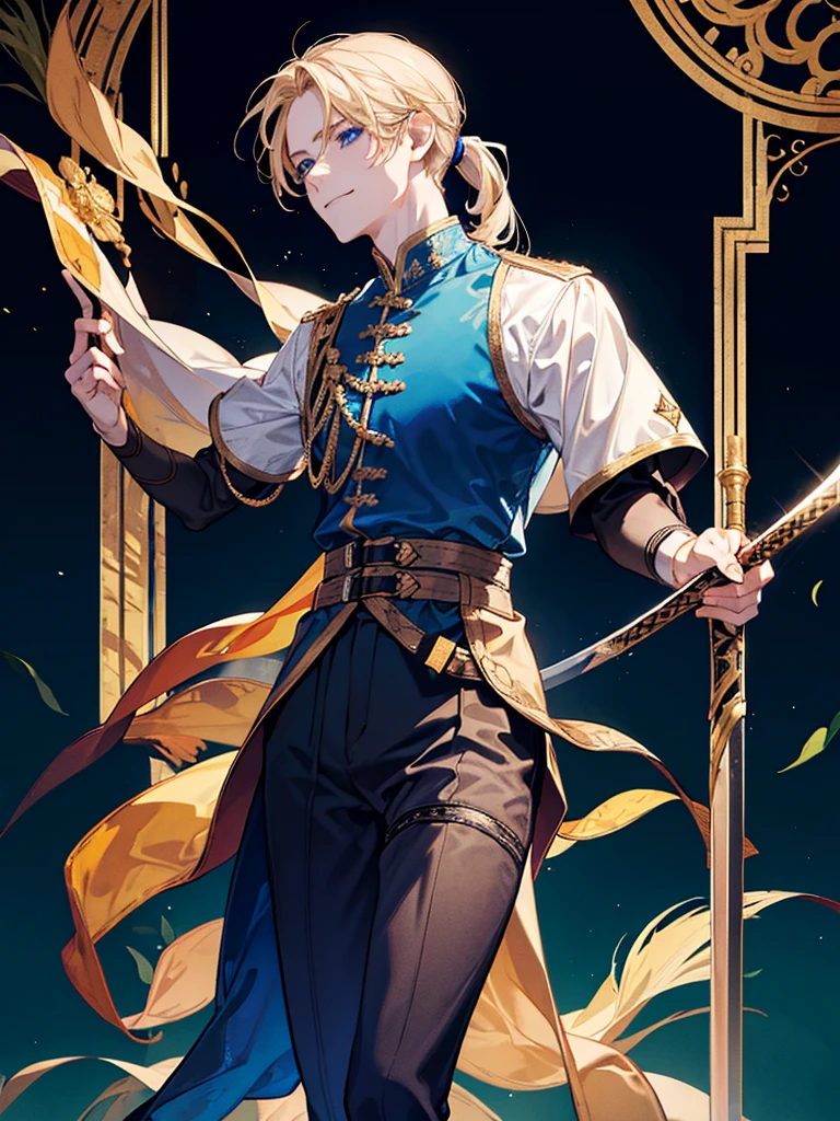 Young man with longsword , he has golden hair and low pony tail and blue eyes , he smiled.