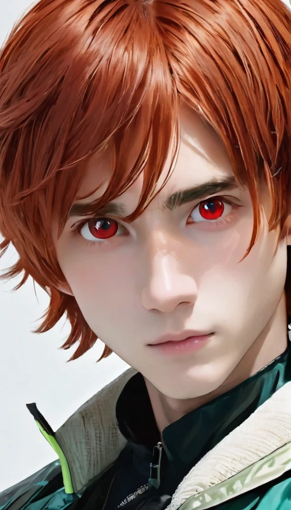 best quality, masterpiece, solo, 1boy,red hair, futuristik, jacket,  red eyes, white beckground, full faces