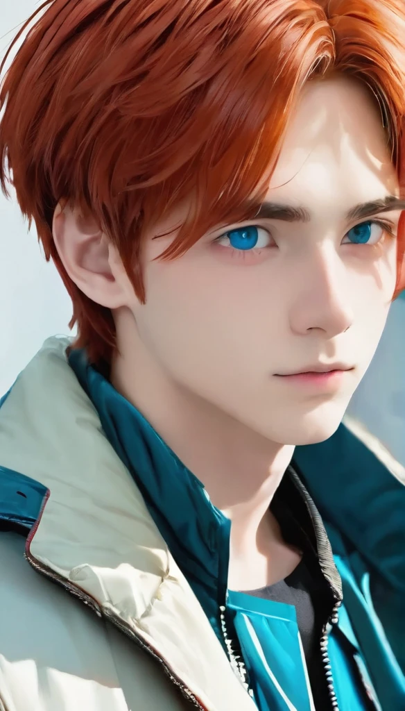 best quality, masterpiece, solo, 1boy,red hair, futuristik, jacket, red eyes, white beckground, full faces
