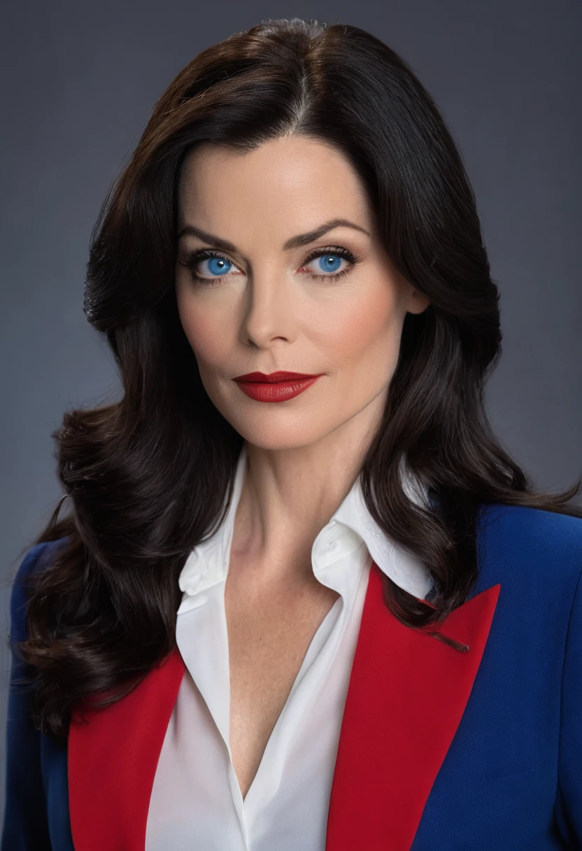 A portrait of DC Comics' Lois Lane whose facial features are a combo of Erica Durance + Rose McGowan + Dana Delany + Teri Hatcher + Margot Kidder. Lois has long black hair and blue eyes. Lois wears a red blazer over a white blouse, a black skirt, and black high heels. Lois has lovely makeup on her face. Symmetrical eyes. Symmetrical face. Great details. Photorealistic. Full-colored photo. Professional photo. Highly detailed 8K.