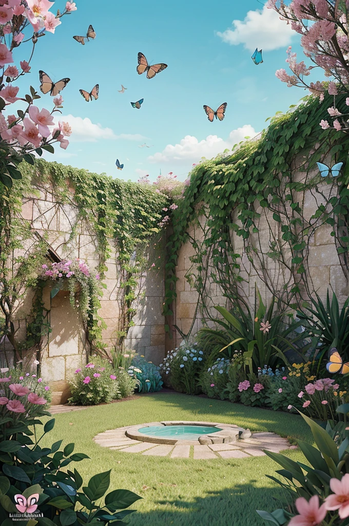 Secret garden illustration with pink and aqua green background with butterflies and birds